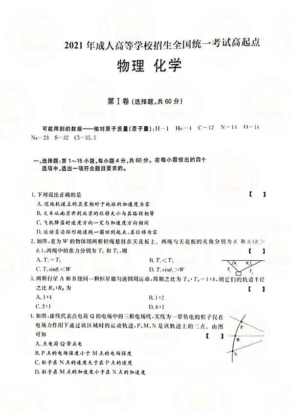 2021年上海成人高考高起点物理化学（理综）考试真题及答案1