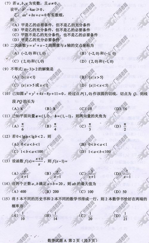 上海市成人高考2014年统一考试数学真题A卷